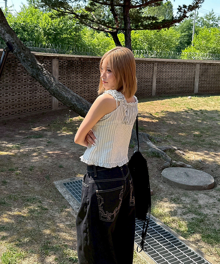 刺繍ワイドデニムパンツ DARK BLUE