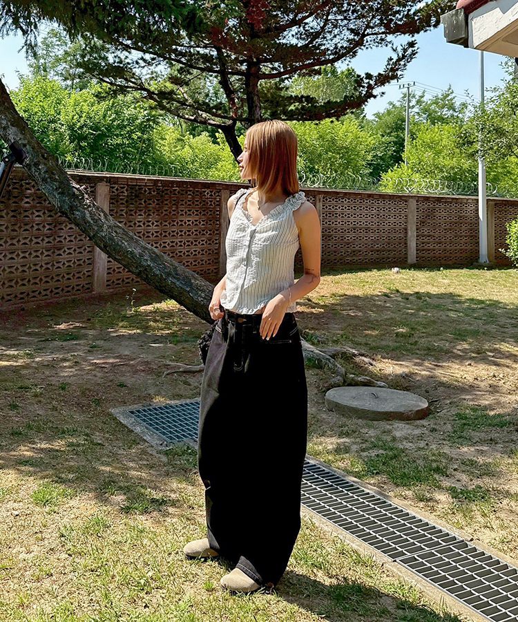 刺繍ワイドデニムパンツ DARK BLUE