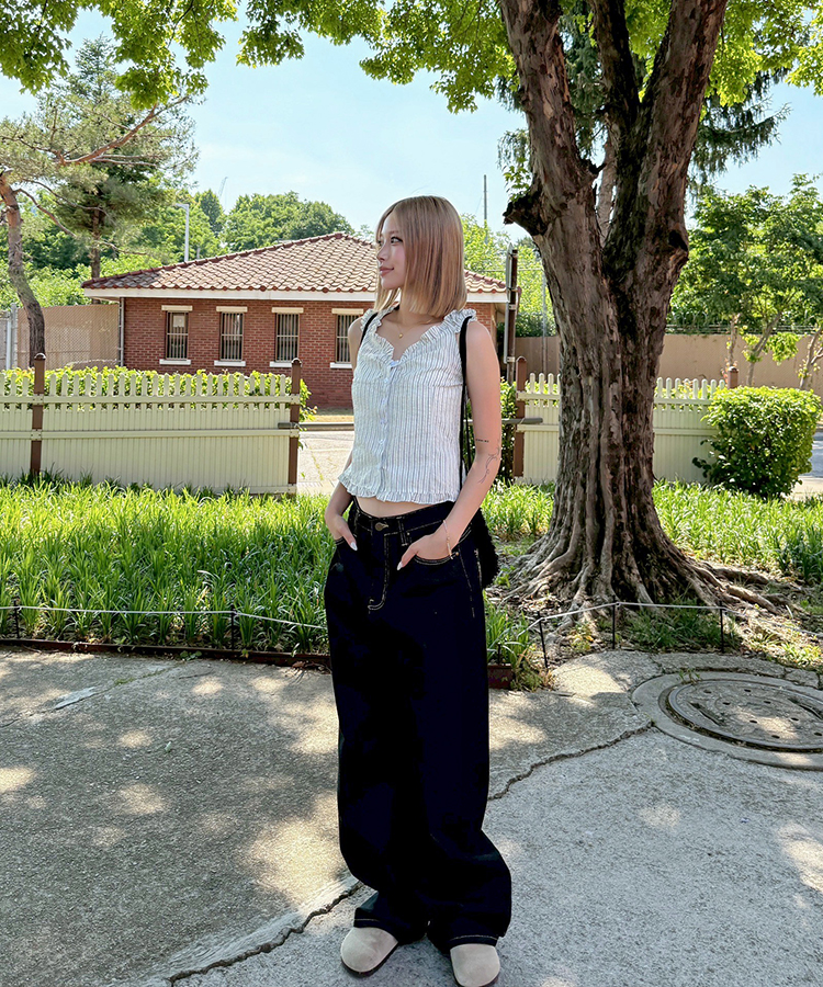 刺繍ワイドデニムパンツ DARK BLUE