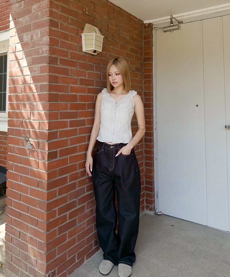 자수와이드데님팬츠 다크블루