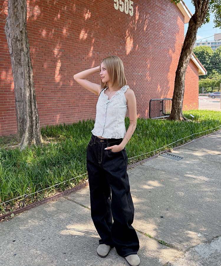 자수와이드데님팬츠 다크블루