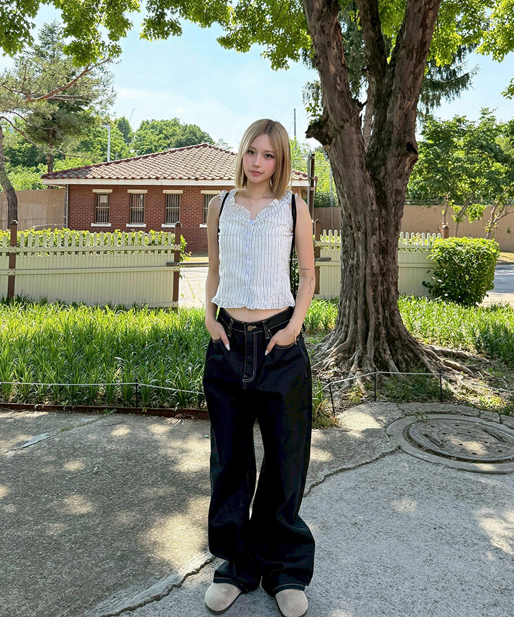 자수와이드데님팬츠 다크블루