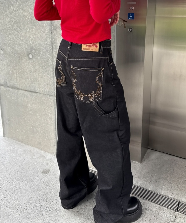 자수와이드데님팬츠 다크블루