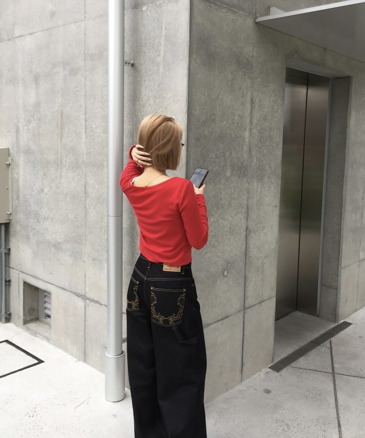 자수와이드데님팬츠 다크블루