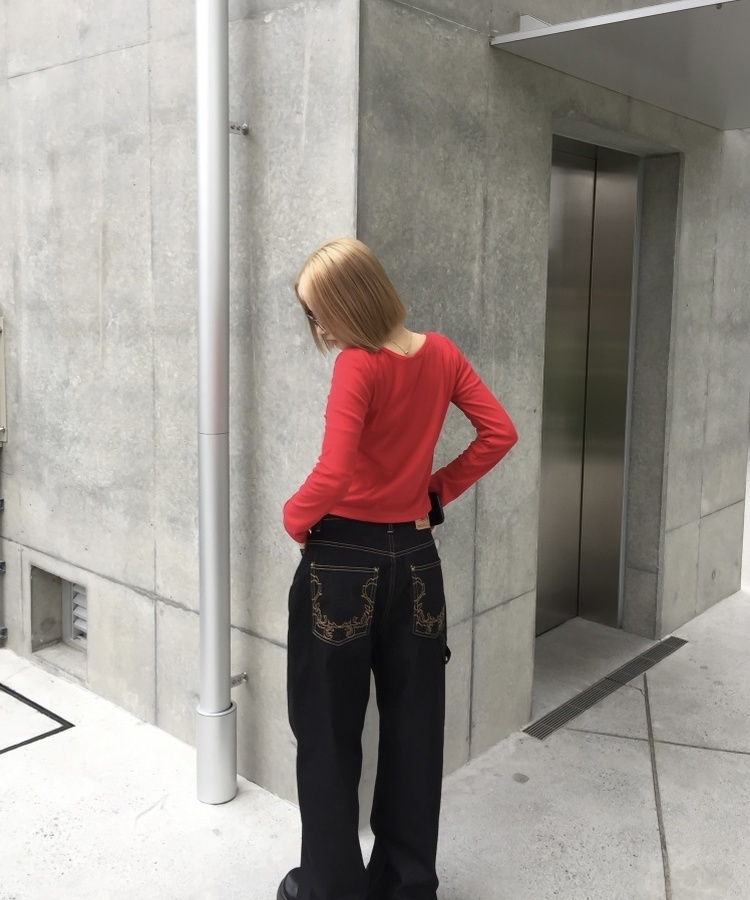 자수와이드데님팬츠 다크블루