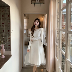 オフショルダーシフォンロングフレアワンピース｜ロング