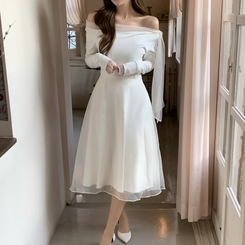 オフショルダーシフォンロングフレアワンピース IVORY