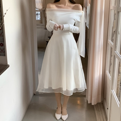 オフショルダーシフォンロングフレアワンピース IVORY