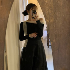 オフショルダーシフォンロングフレアワンピース BLACK