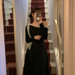 オフショルダーシフォンロングフレアワンピース BLACK