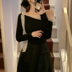 オフショルダーシフォンロングフレアワンピース BLACK