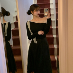 オフショルダーシフォンロングフレアワンピース BLACK