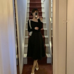 オフショルダーシフォンロングフレアワンピース BLACK