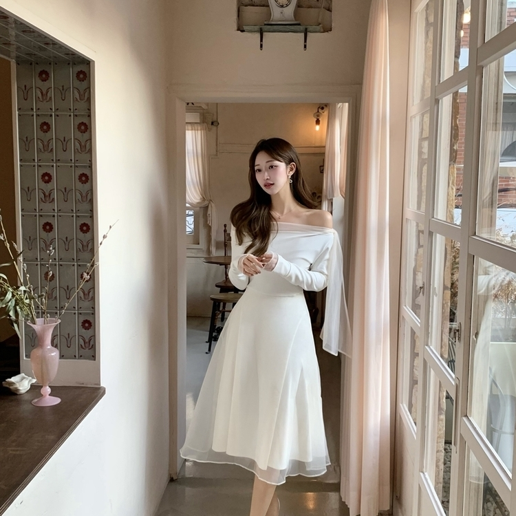 オフショルダーシフォンロングフレアワンピース｜ロング