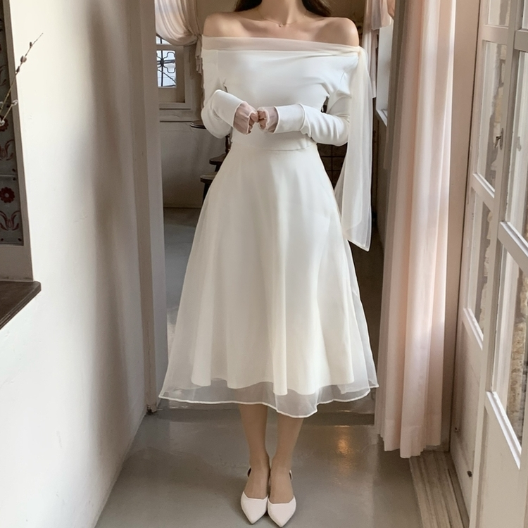 オフショルダーシフォンロングフレアワンピース｜ロング