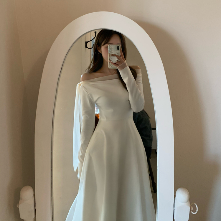 オフショルダーシフォンロングフレアワンピース｜ロング