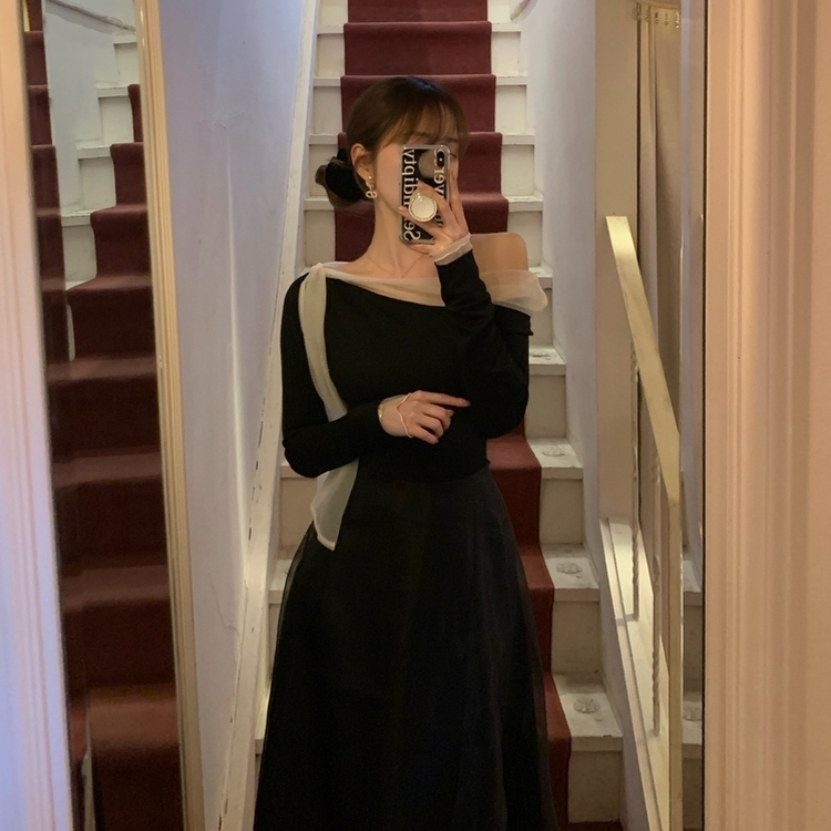 オフショルダーシフォンロングフレアワンピース BLACK