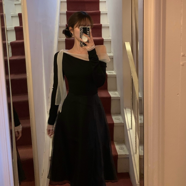 オフショルダーシフォンロングフレアワンピース BLACK