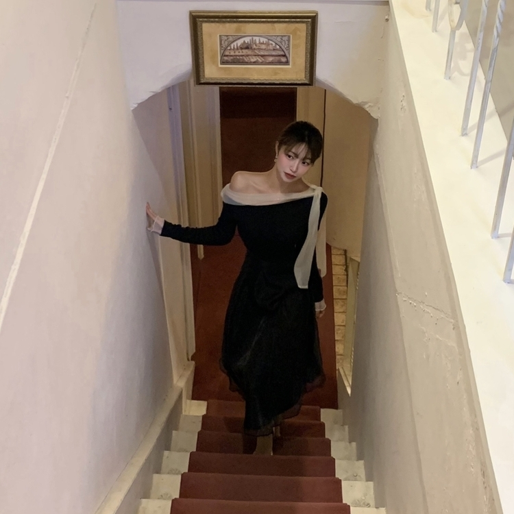 オフショルダーシフォンロングフレアワンピース BLACK