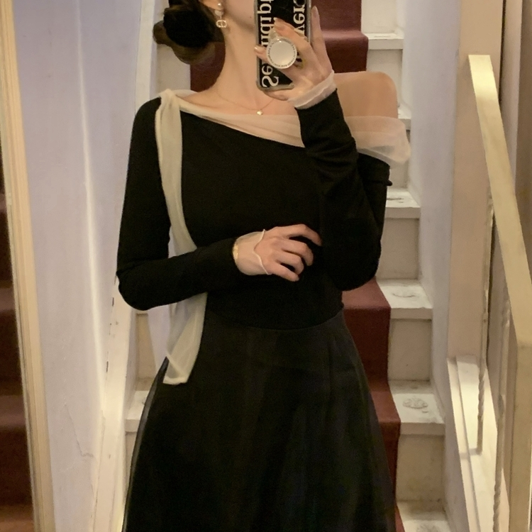 オフショルダーシフォンロングフレアワンピース BLACK