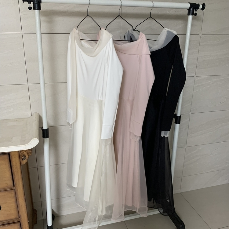 オフショルダーシフォンロングフレアワンピース