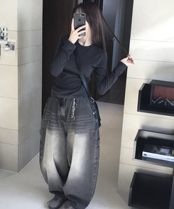 ワイド バルーンウォッシングカーフェンダーパンツ BLACK DENIM