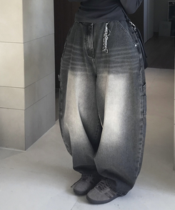 ワイド バルーンウォッシングカーフェンダーパンツ BLACK DENIM