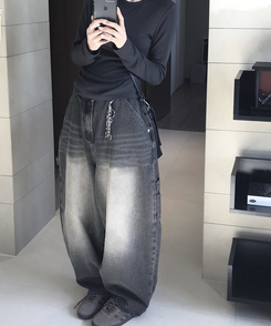 ワイド バルーンウォッシングカーフェンダーパンツ BLACK DENIM