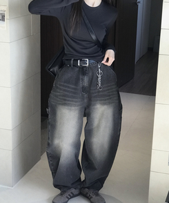 ワイド バルーンウォッシングカーフェンダーパンツ BLACK DENIM