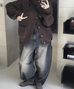 ワイド バルーンウォッシングカーフェンダーパンツ BLACK DENIM