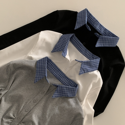 레이디 체크 셔링 레이어드 롱슬리브 버튼 긴팔티셔츠 - 4color