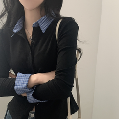 레이디 체크 셔링 레이어드 롱슬리브 버튼 긴팔티셔츠 - 4color 블랙