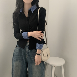 레이디 체크 셔링 레이어드 롱슬리브 버튼 긴팔티셔츠 - 4color 블랙