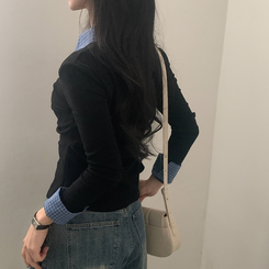 레이디 체크 셔링 레이어드 롱슬리브 버튼 긴팔티셔츠 - 4color 블랙