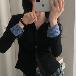 레이디 체크 셔링 레이어드 롱슬리브 버튼 긴팔티셔츠 - 4color 블랙