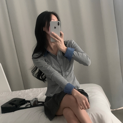 레이디 체크 셔링 레이어드 롱슬리브 버튼 긴팔티셔츠 - 4color 그레이