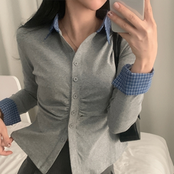 레이디 체크 셔링 레이어드 롱슬리브 버튼 긴팔티셔츠 - 4color 그레이