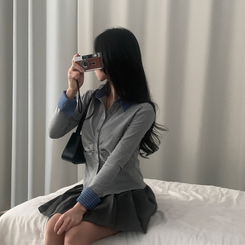 레이디 체크 셔링 레이어드 롱슬리브 버튼 긴팔티셔츠 - 4color 그레이