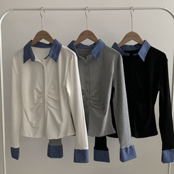 레이디 체크 셔링 레이어드 롱슬리브 버튼 긴팔티셔츠 - 4color