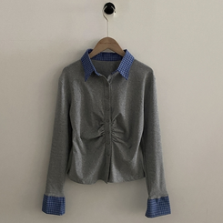 레이디 체크 셔링 레이어드 롱슬리브 버튼 긴팔티셔츠 - 4color