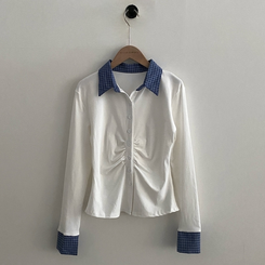 레이디 체크 셔링 레이어드 롱슬리브 버튼 긴팔티셔츠 - 4color