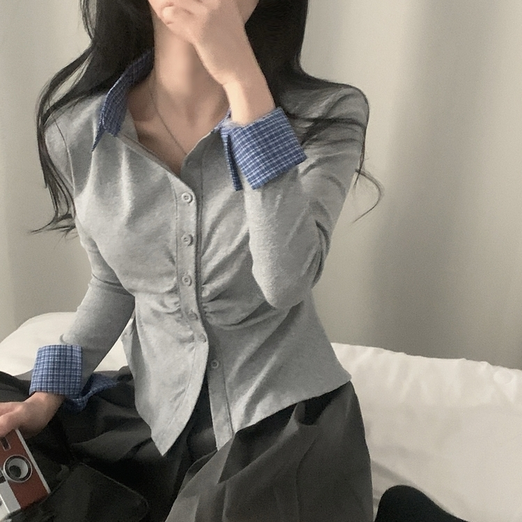チェックシャーリングレイヤードボタン長袖Tシャツ GREY