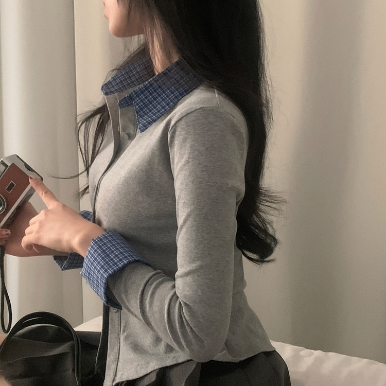 チェックシャーリングレイヤードボタン長袖Tシャツ GREY
