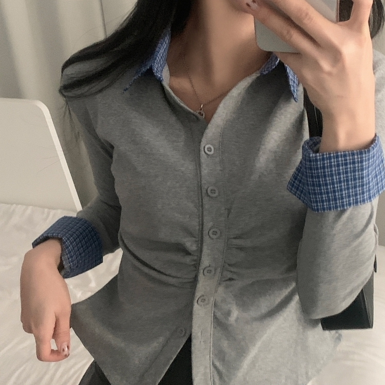 チェックシャーリングレイヤードボタン長袖Tシャツ GREY
