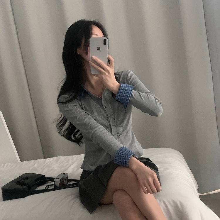 チェックシャーリングレイヤードボタン長袖Tシャツ GREY