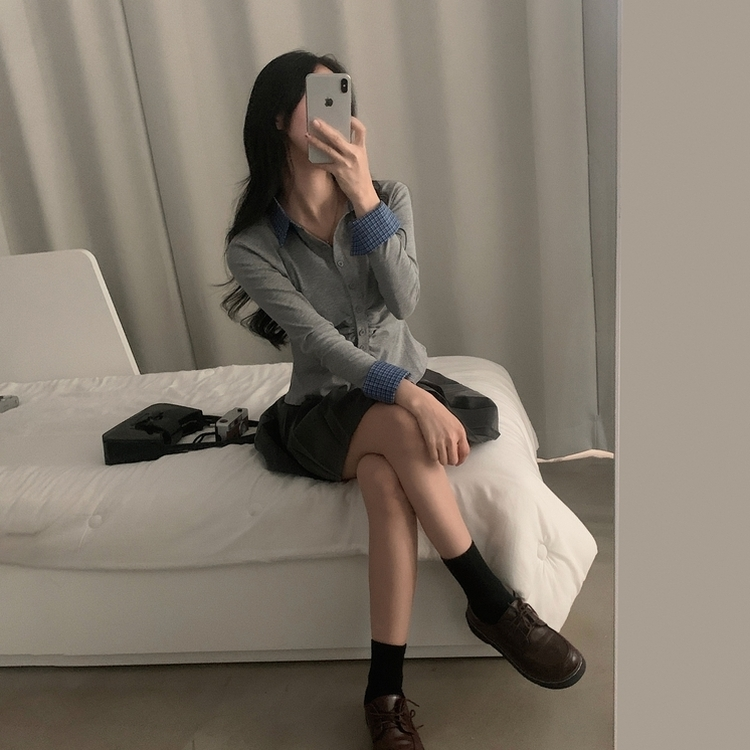 チェックシャーリングレイヤードボタン長袖Tシャツ GREY