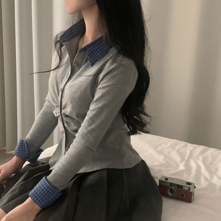 チェックシャーリングレイヤードボタン長袖Tシャツ GREY