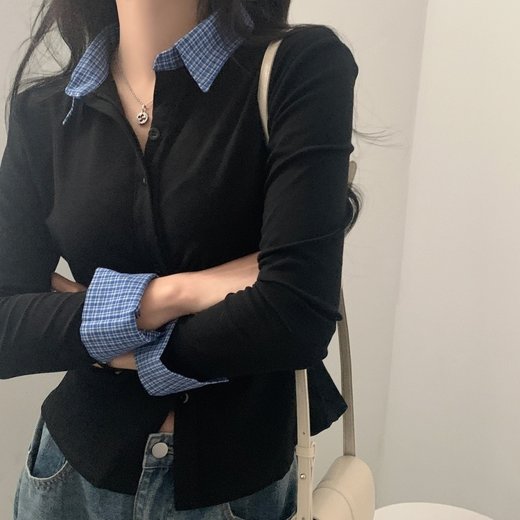 チェックシャーリングレイヤードボタン長袖Tシャツ BLACK