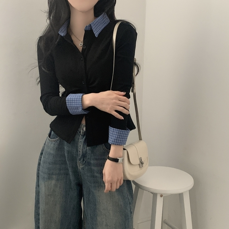 チェックシャーリングレイヤードボタン長袖Tシャツ BLACK