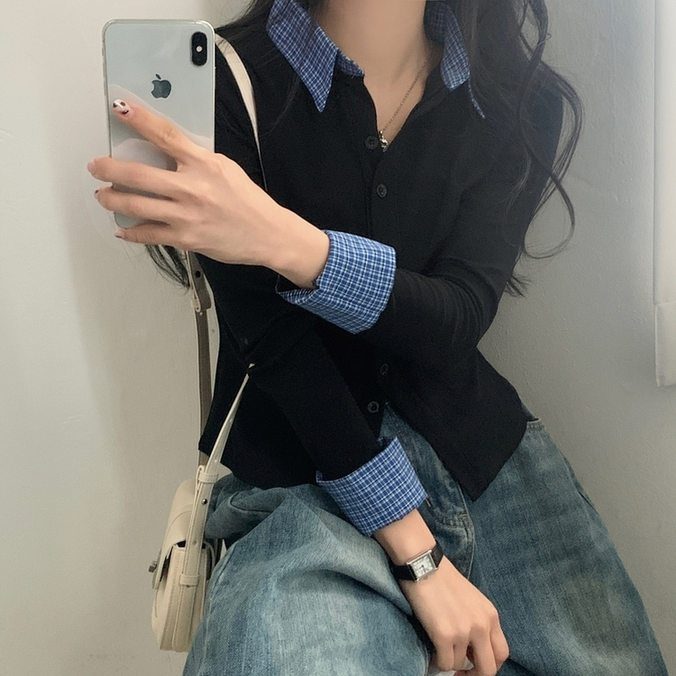 チェックシャーリングレイヤードボタン長袖Tシャツ BLACK